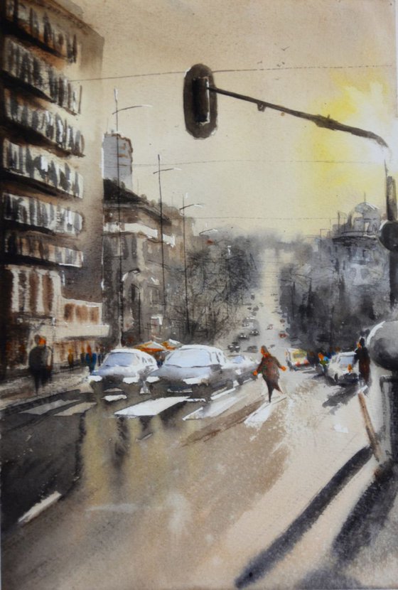 Sundown in Knez Milos street, Belgrade - original watercolor landscape painting by Nenad Kojić