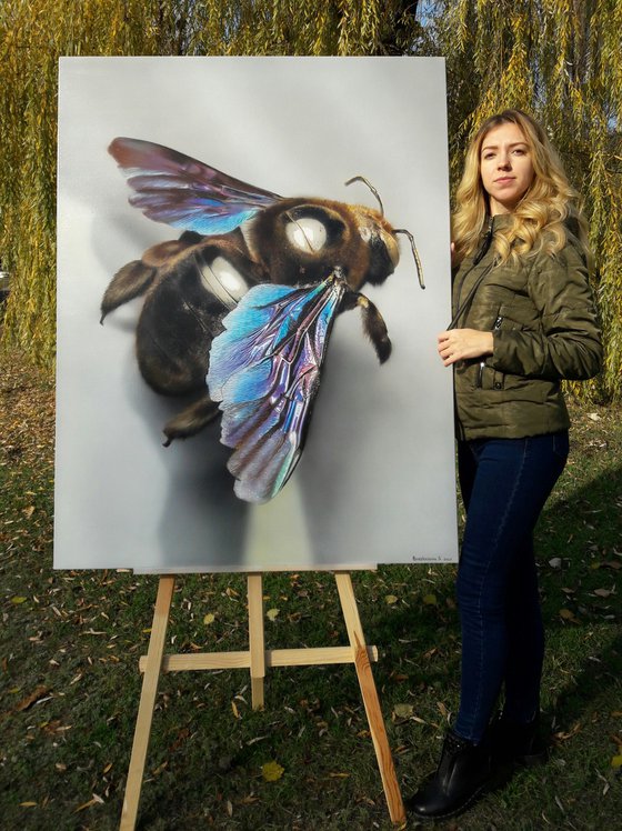 Bee painting on canvas,  original art bee, bee art, hyperrealism art insect