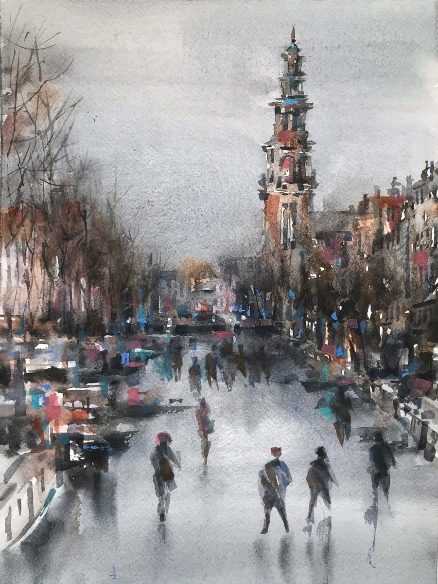 Expressive Cityscapes Watercolour By Galina Poloz, 11 X 15, Winter Channel. Amsterdam., Original Artwork