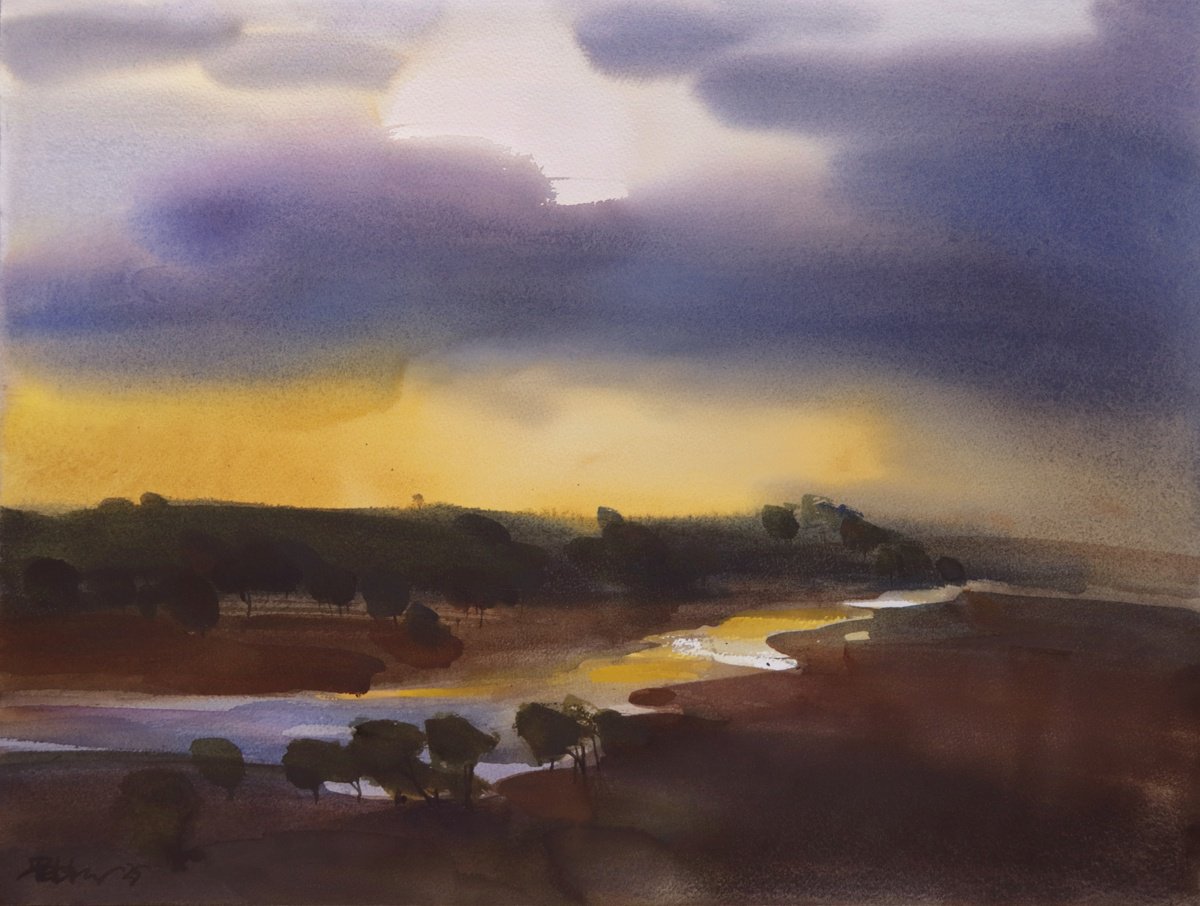 Impressionistic Landscape Watercolour By Prashant Prabhu, 24 X 18", The Stream Of A Dusk, Original Artwork