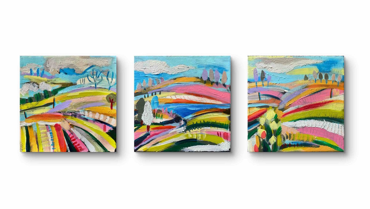 Abstract Landscape Acrylic Painting By Angelina Doseva, 9 X 9, Summer Triptych, Original Artwork