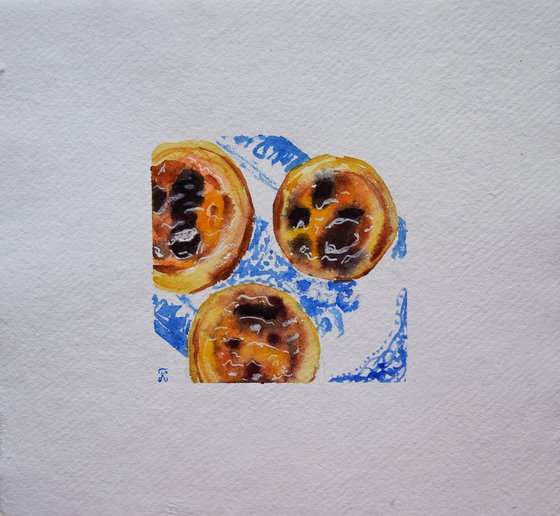 Watercolor painting Portuguese food, Lisbon cake original painting, Pastel de Nata art, kitchen wall art