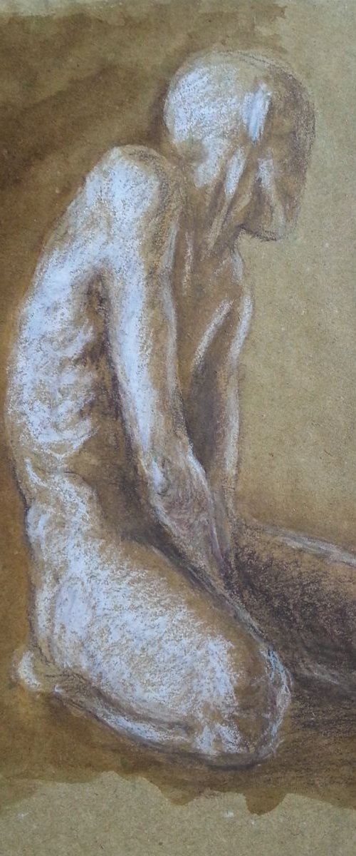 Drawing of a male nude kneeling by Fabienne Monestier