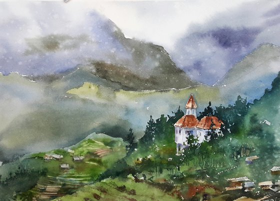 Watercolor landscape. Mountain village. Sapa. Vietnam