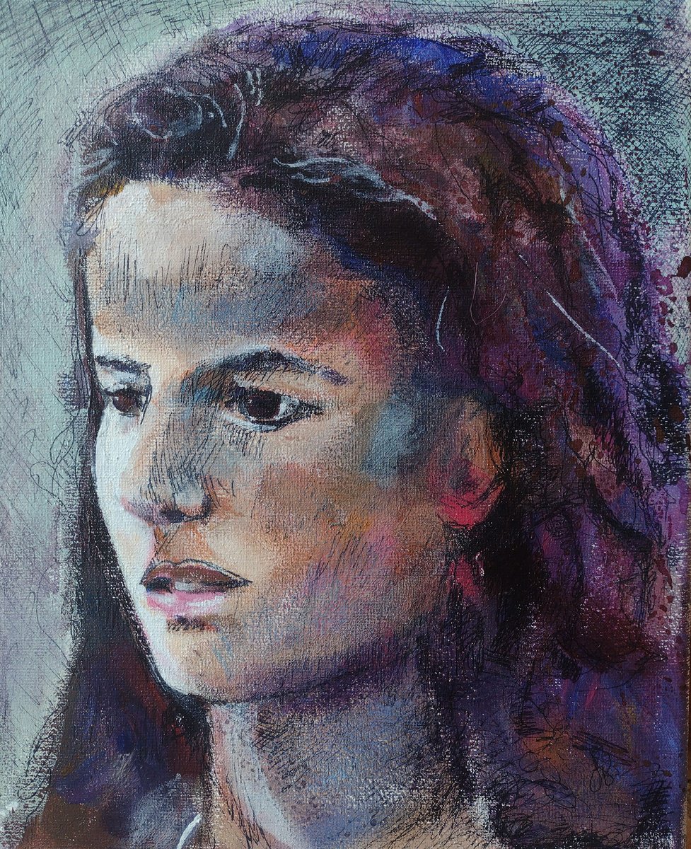 Expressive Portrait Acrylic Painting By Marina Del Pozo, 9 X 12", Alicia, Original Artwork