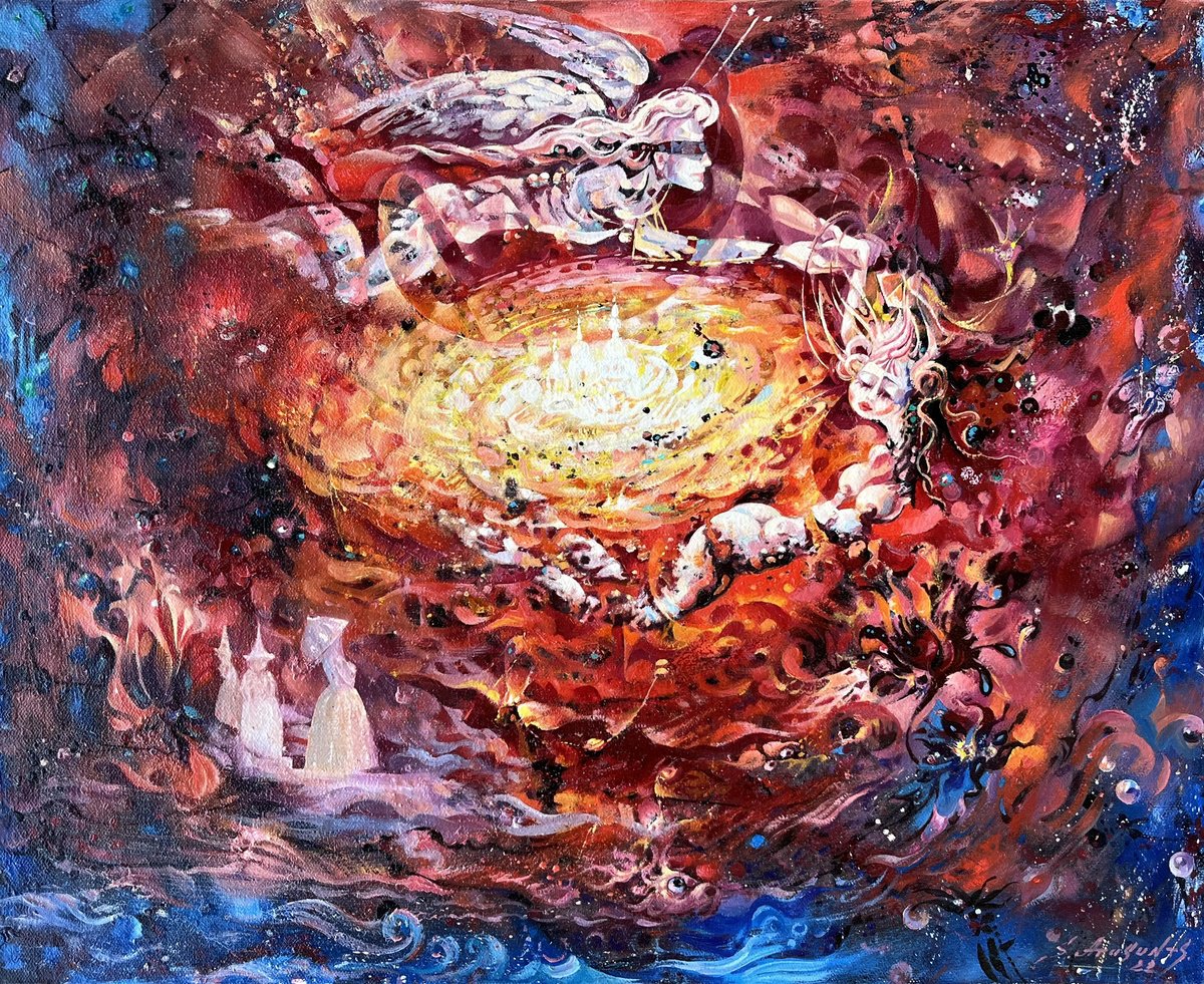 Expressive Abstract Oil Painting By Samvel Atasunc, 24 X 20", Space Game, Original Artwork
