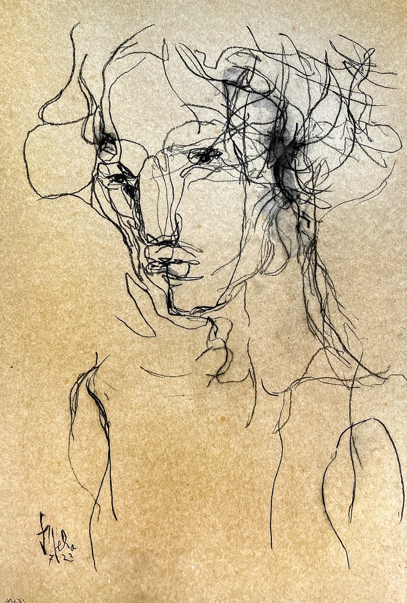 Abstract Portrait Charcoal Drawing By Victor De Melo, 13 X 19", Ephemeral Beauty, Original Artwork