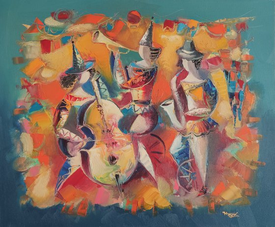 Jazz trio (60x50cm, oil/canvas, abstract art, ready to hang)