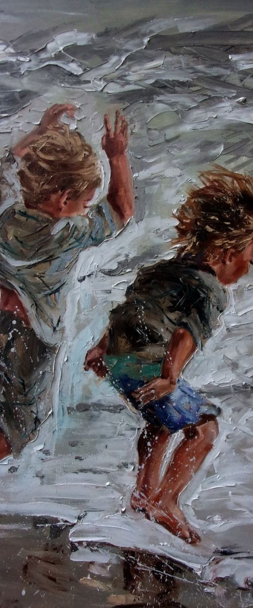 " GAMES  " SEA original painting palette knife GIFT ANGEL MODERN URBAN ART OFFICE ART DECOR HOME DECOR GIFT IDEA by Monika Luniak