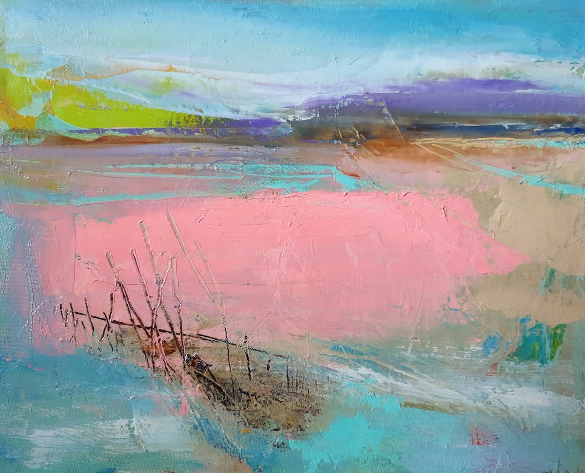 Impressionistic Landscape Oil Painting By Victoria Cozmolici, 12 X 9", Pink Mist, Original Artwork