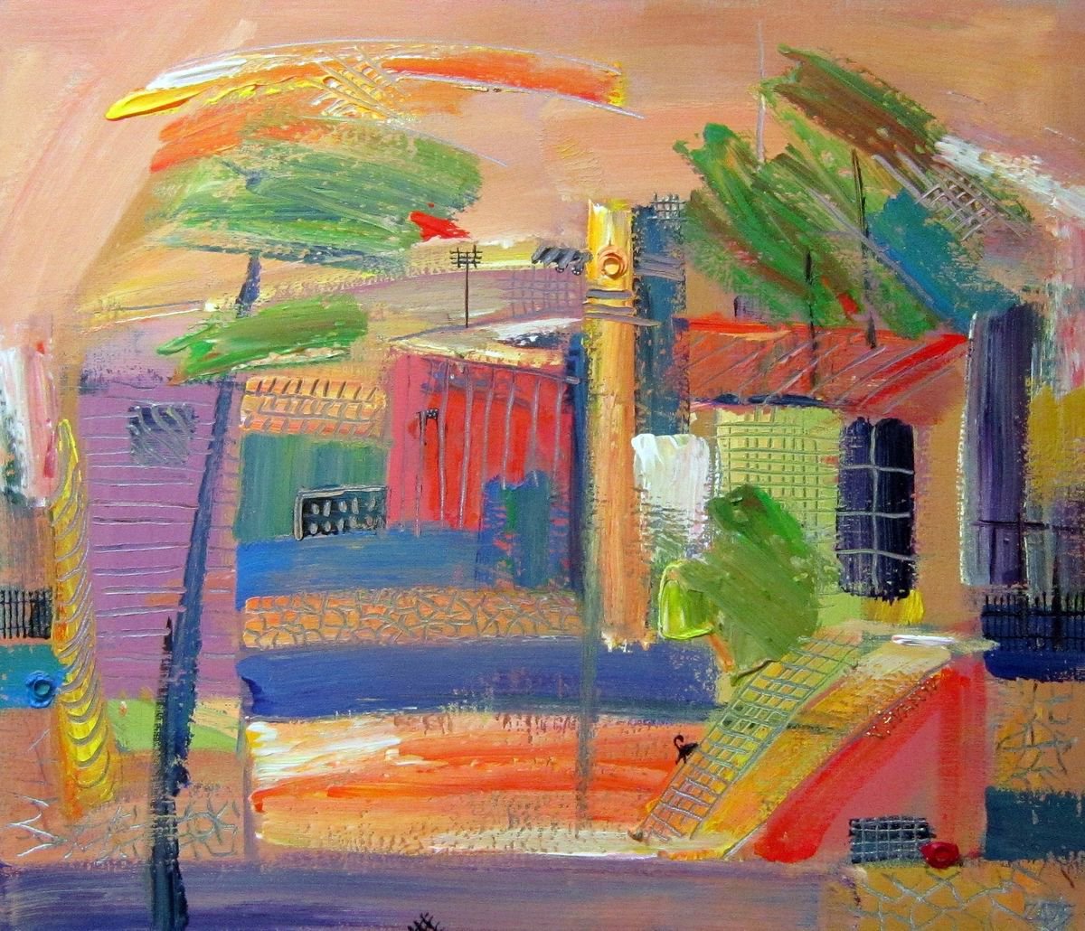 Impressionistic Cityscapes Acrylic Painting By Viktor Ivaniv, 28 X 24", Warm Evening, Original Artwork