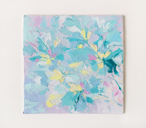 Light blue abstract flowers small oil painting "Winter in color"