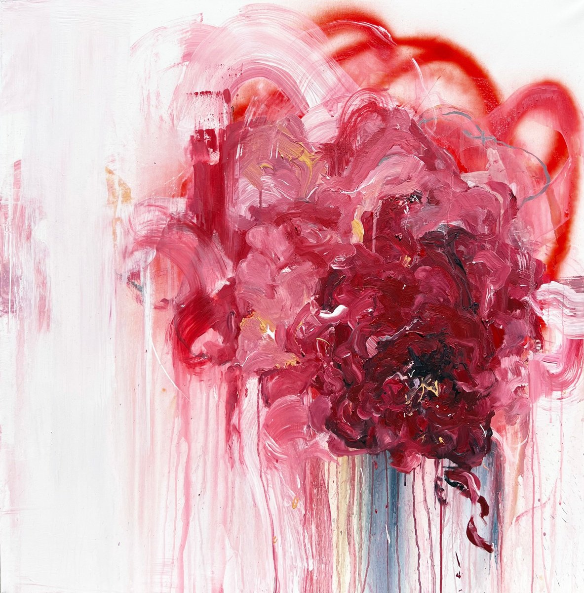 Abstract Botanical Acrylic Painting By Rosi Roys, 39 X 39", Red Flower 5, Original Artwork