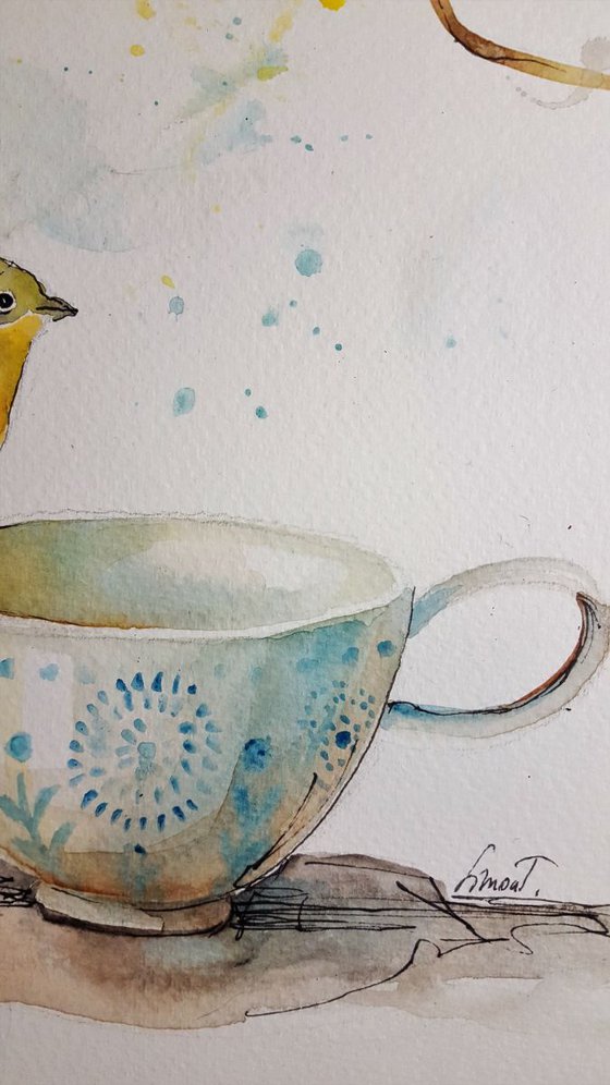 Canary with teacup.