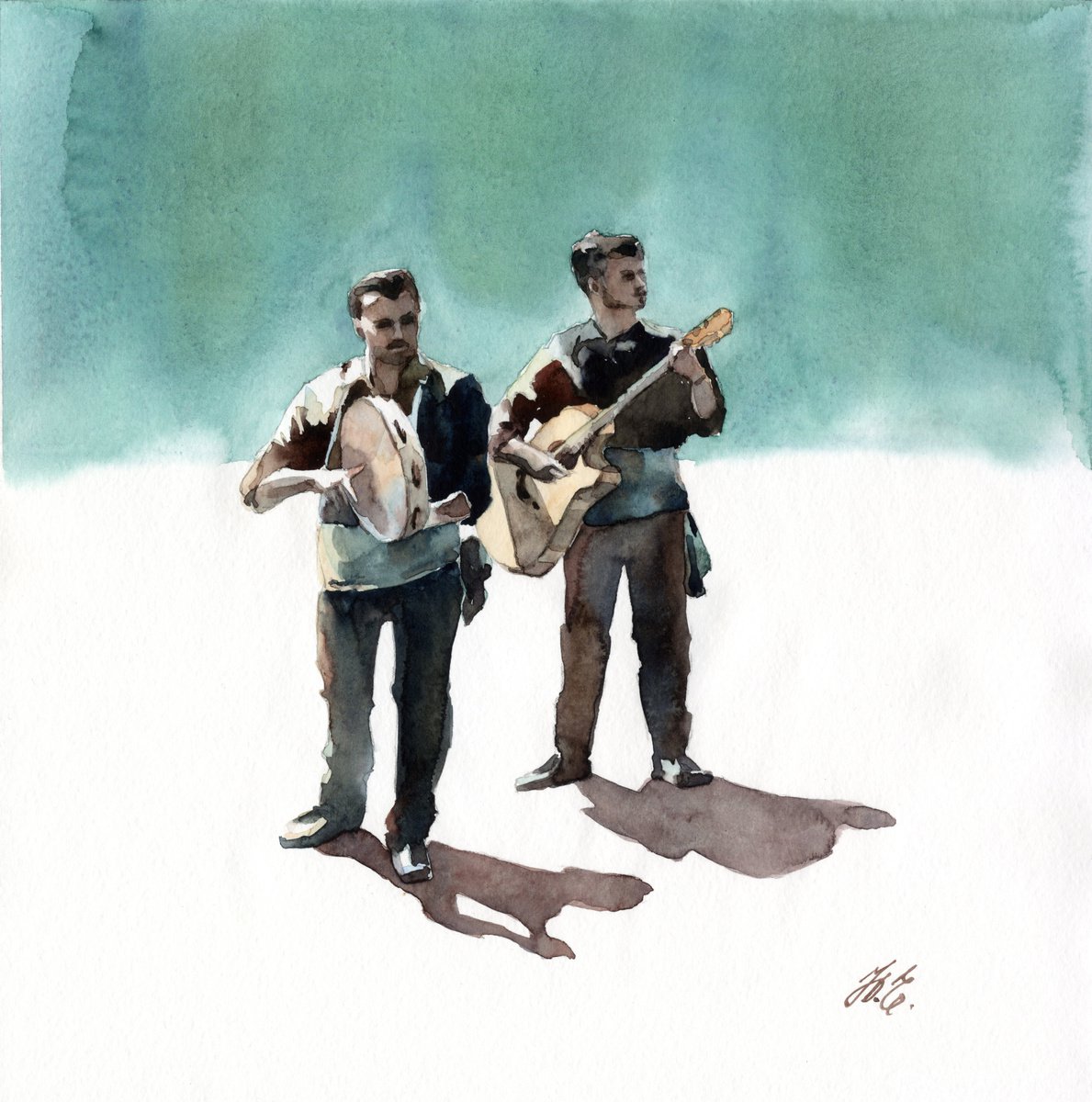 Italian musicians in watercolors, Music on the street by Yulia Evsyukova