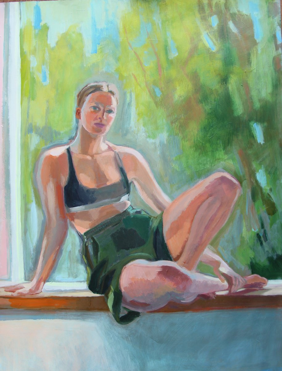 Expressive Portrait Acrylic Painting By Anyck Alvarez Kerloch, 23 X 30, Girl At Window, Original Artwork