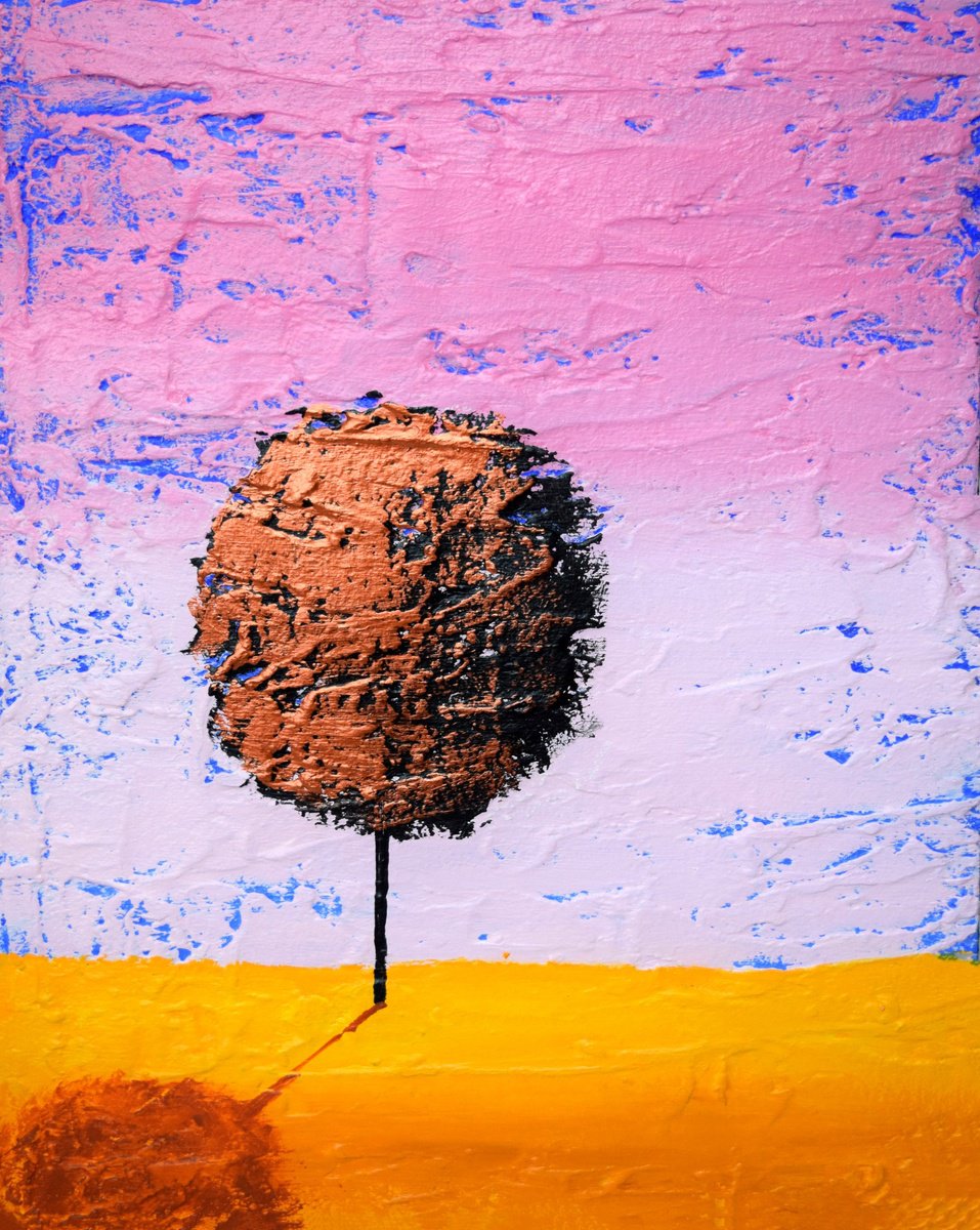 Impressionistic Landscape Painting By Stuart Wright, 16 X 20", Copper Tree With Pink Skies, Original Artwork