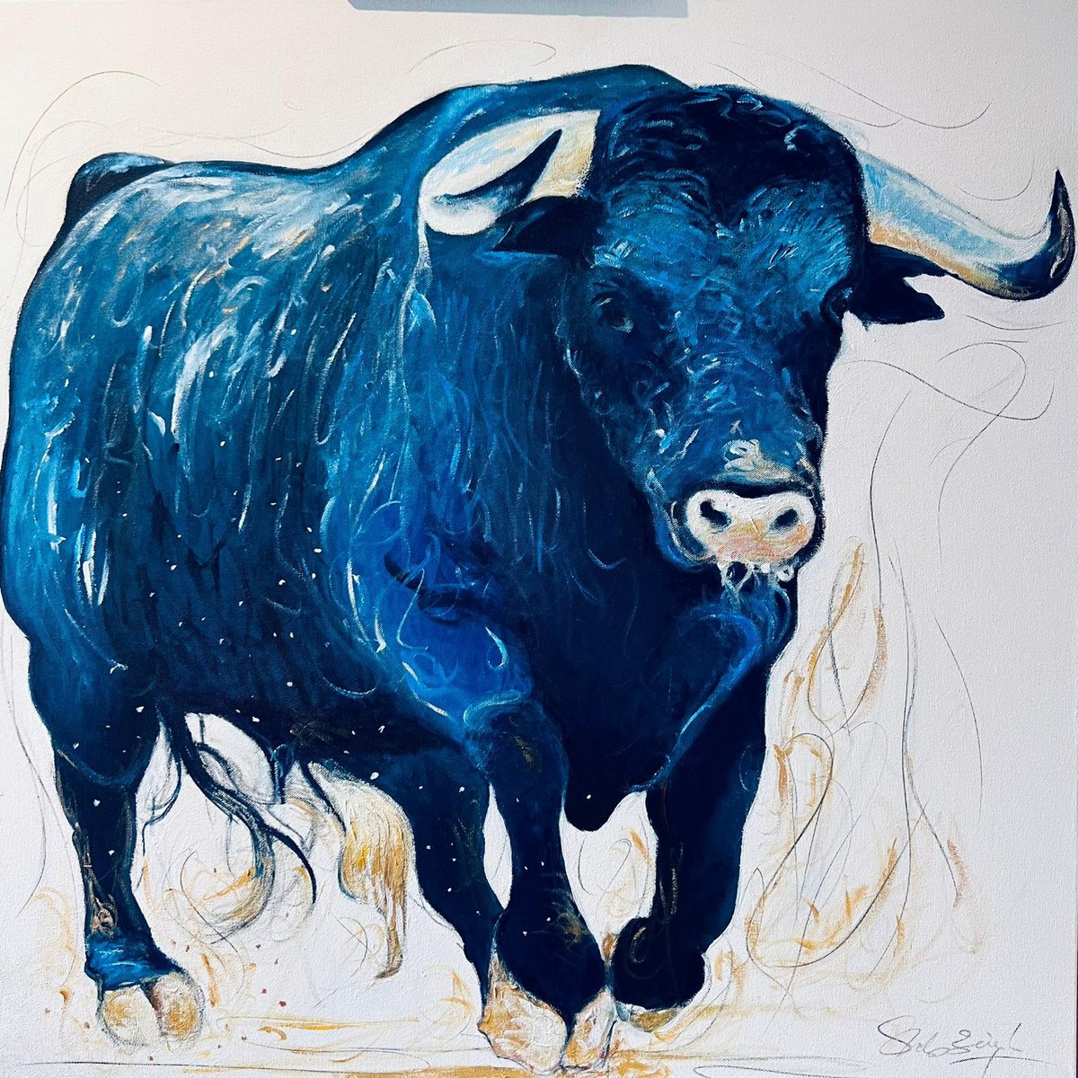 Expressive Animal Painting By Shabs Beigh, 31 X 31", Galloping Blue Bull, Original Artwork
