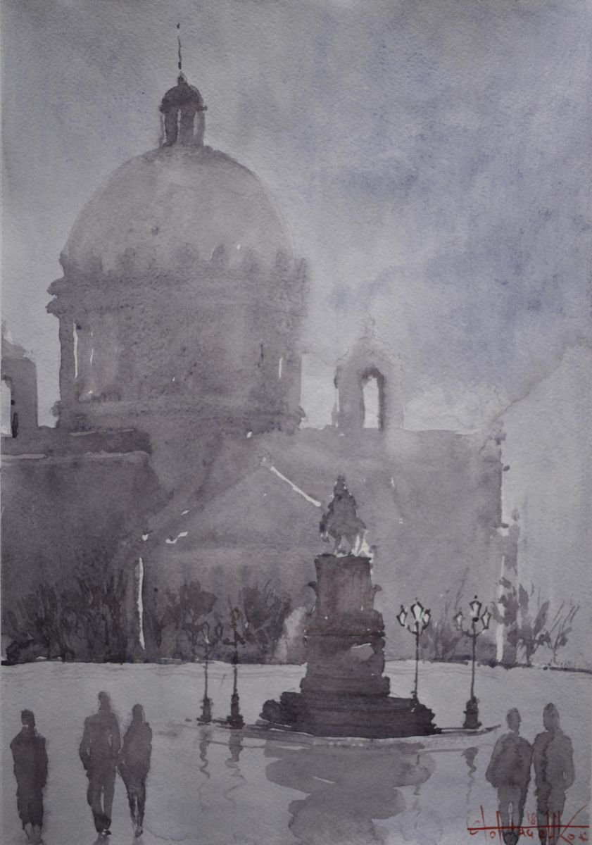 Impressionistic Cityscapes Watercolour By Eugene Gorbachenko, 12 X 17, Fog In St. Petersburg, Original Artwork