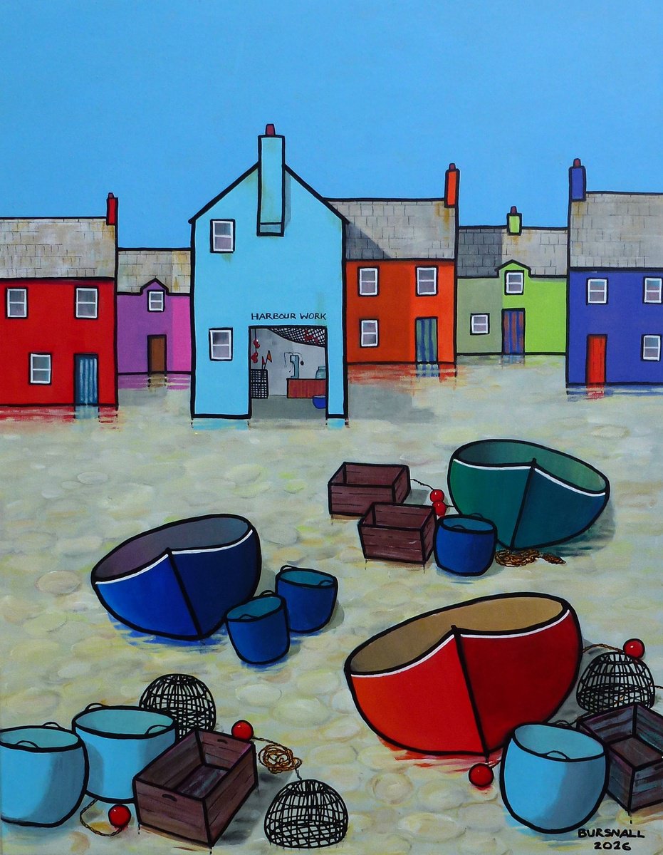 Naive Acrylic Painting , Harbour Work By Paul Bursnall, 28 X 36, Artwork For Sale On Artfinder