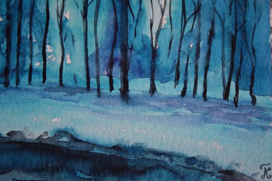 Norwegian watercolor painting Winter forest mountains, snowy fjords in sunset, frozen lake