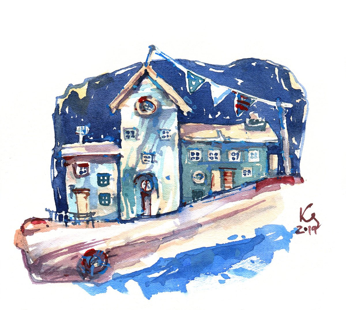 Coastal lodges. watercolour in small format by Ksenia Selianko