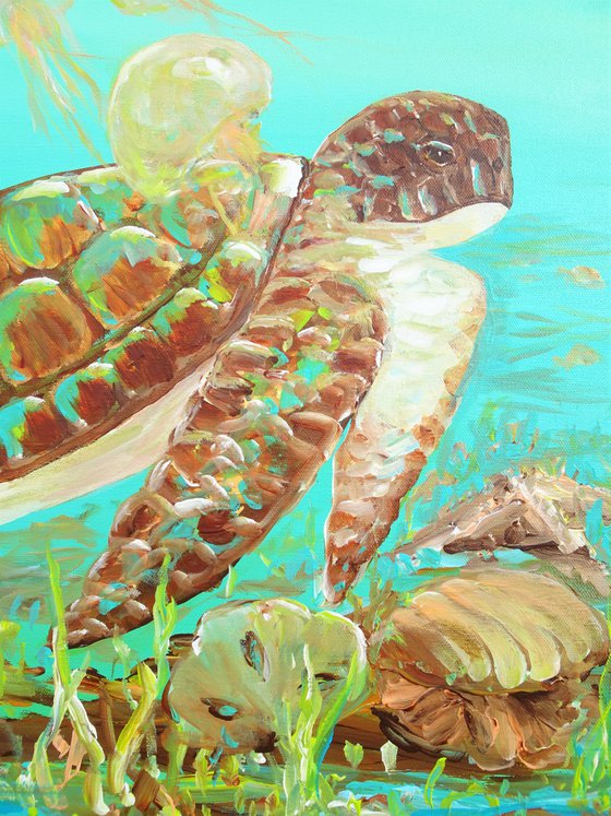 Sea Turtle, Jellyfish Acrylic Painting on Canvas 24"x18". Sea Life Modern Art (2020)