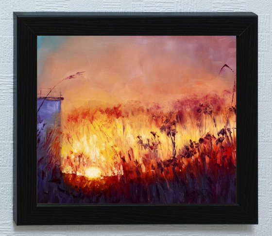 Burning Sky oil painting, Sunset over the reed beds