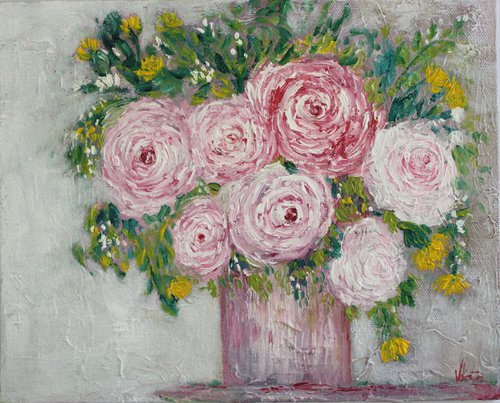 Pink Roses - Still Life Original Oil painting on canvas board - Wallart-Home Decor by Vikashini Palanisamy