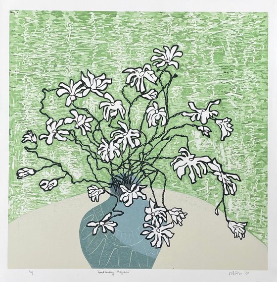 Linocut Print Morning Magnolia
