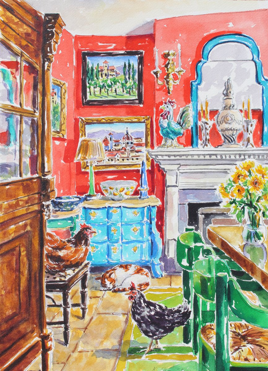 Impressionistic Animal Watercolour By Kristen Olson Stone, 10 X 14", A Moment At The Tuscan Table, Original Artwork