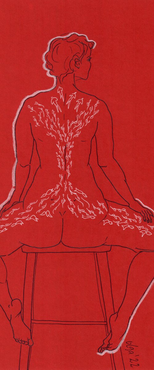 Erotic mixed media drawing - Nude woman - Red and white sensual portrait by Olga Ivanova