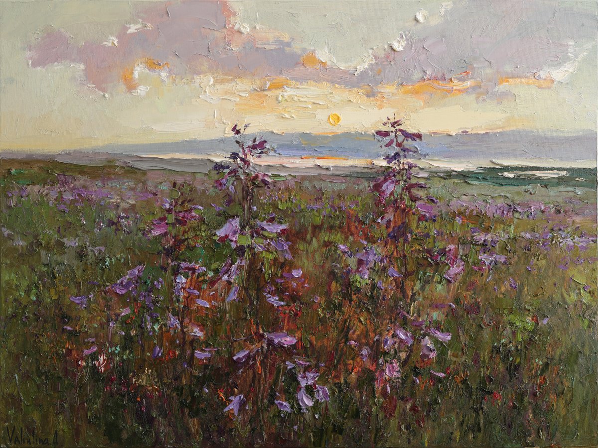 Impressionistic Landscape Oil Painting By Anastasiia Valiulina, 31 X 24, Sunset Over Wildflowers, Original Artwork