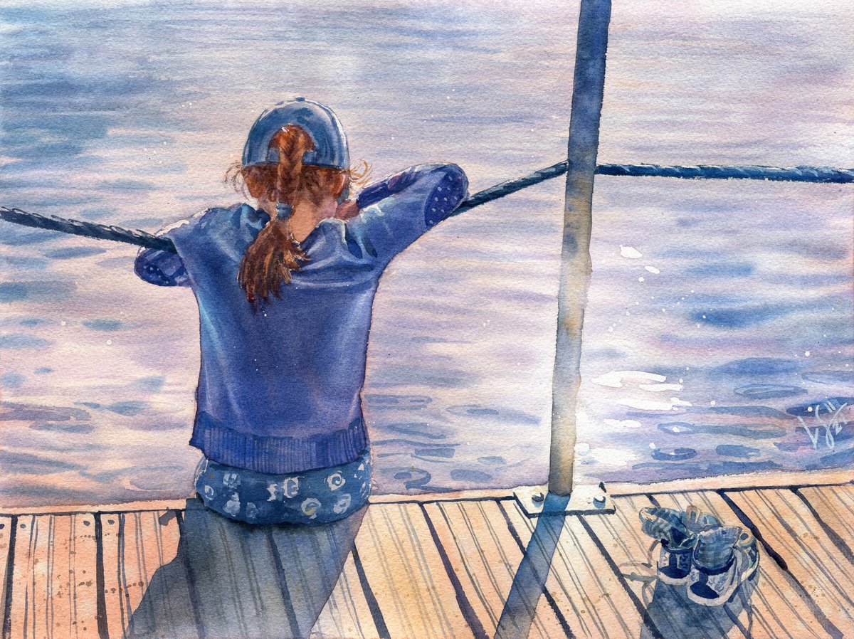 Photorealistic Portrait Watercolour By Svitlana Lagutina, 16 X 12", Girl On The Pier, Original Artwork