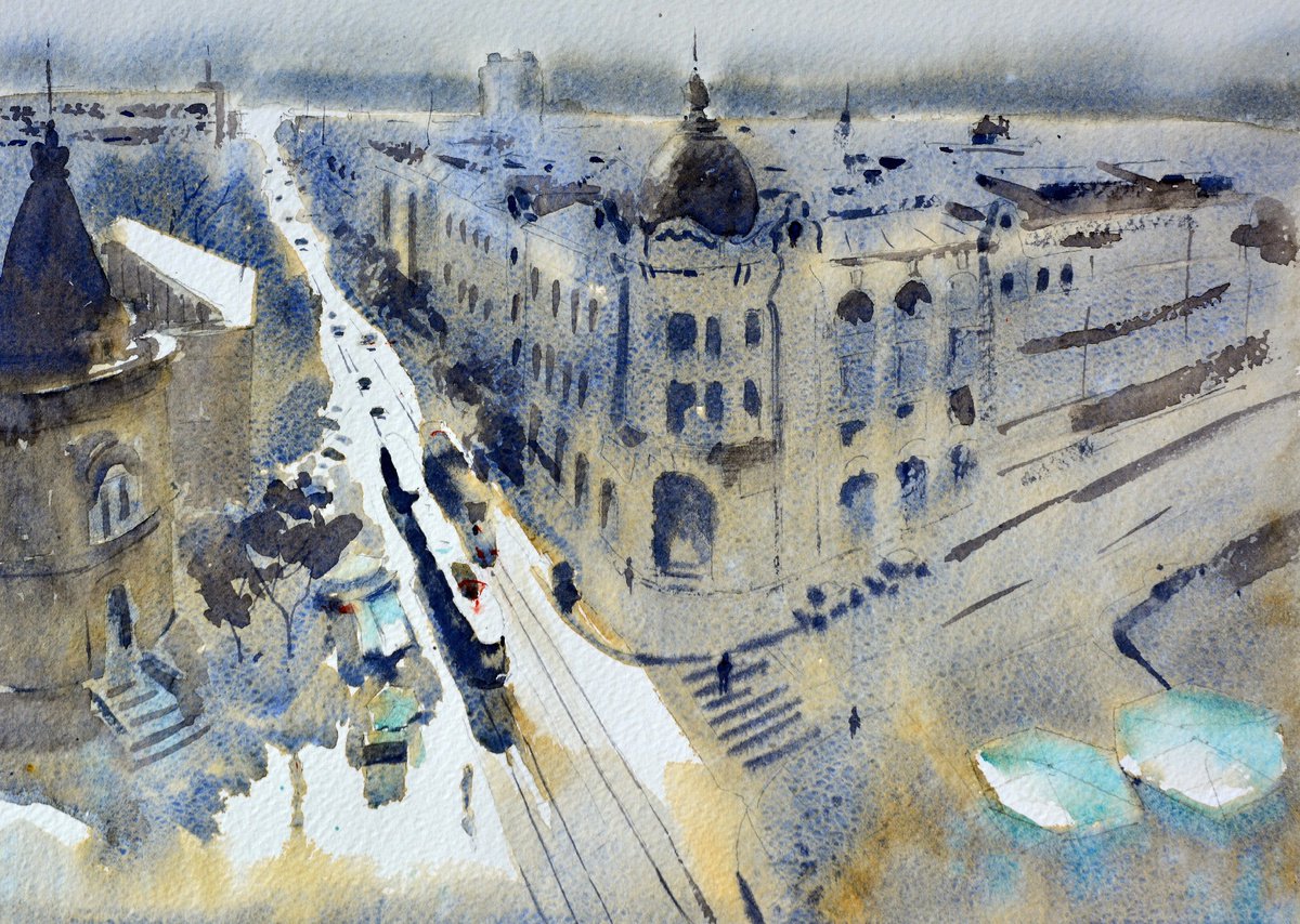 Sunce nad Resavskom ulicom i SKC Beograd 25x36 cm 2022 by Nenad Kojic watercolorist