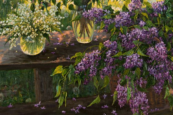 Still life with lilacs and lilies of the valley