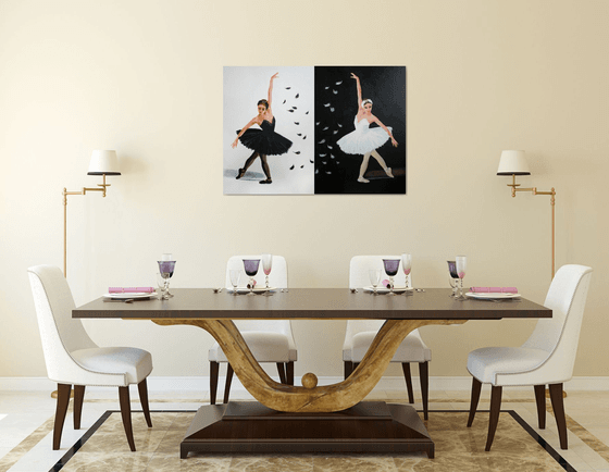 Black and White Swan. Ballet. Diptych /  ORIGINAL PAINTING