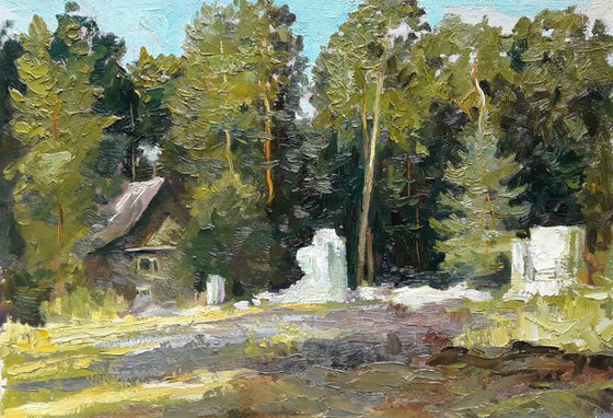 Oil painting Hut in the forest