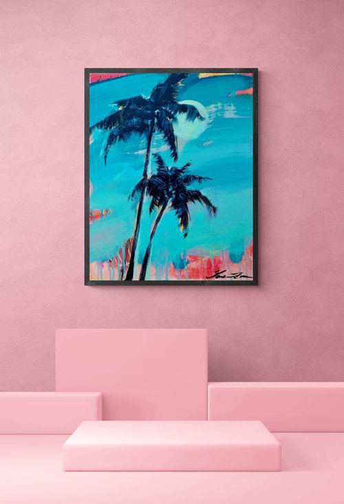 Expressionist painting - "Pink sun rays" - Pop Art - palms and sea - night seascape - 2022 by Yaroslav Yasenev