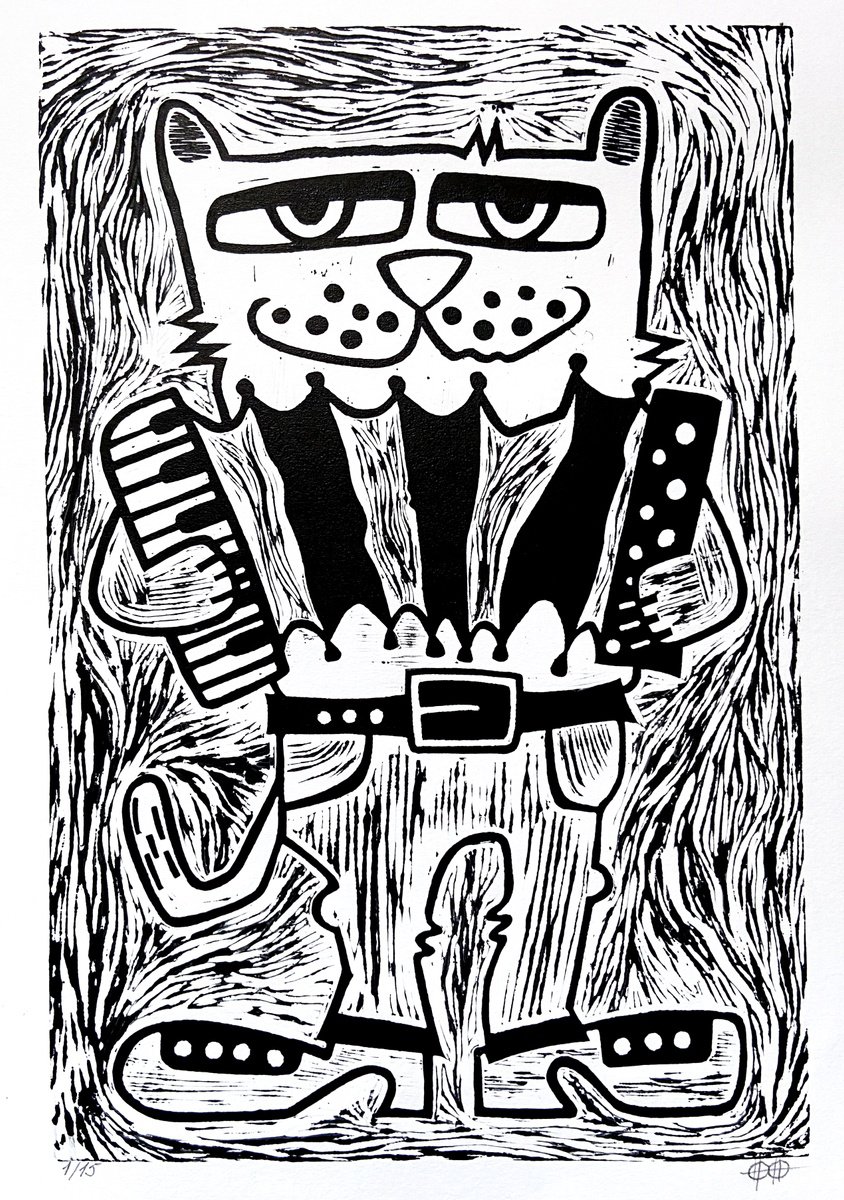 Animal Linocut By Nikita Ostapenco, 11 X 15", ?at With Accordion, Original Artwork