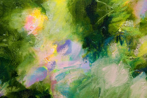 Ray of sunshine in the garden - Floral abstraction - seasonal colors green mauve yellow
