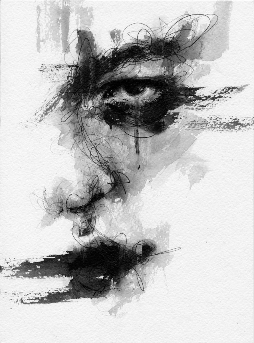Abstract Portrait Ink Drawing By Doriana Popa, 7 X 9, Ring, Original Artwork
