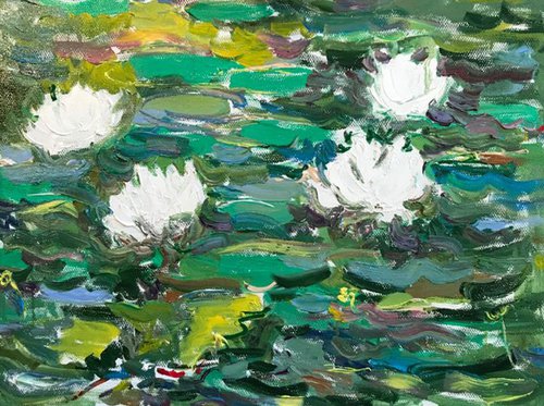 WATERLILY  - original oil landscape painting, summer, water lily garden by Karakhan