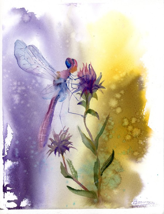 Dragonfly in violet and yellow colors