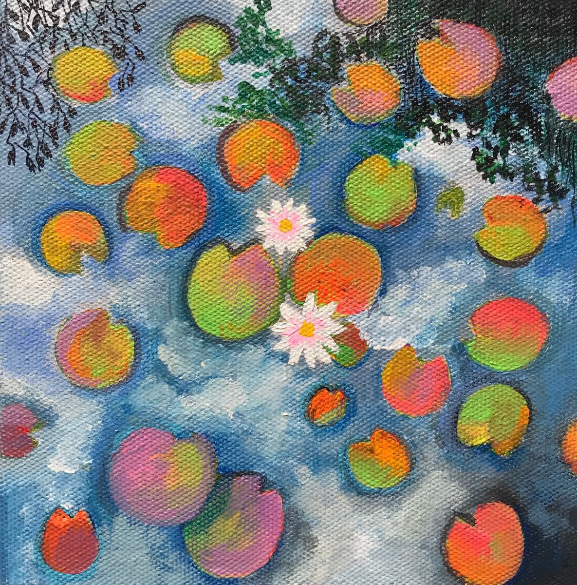 Sky reflections in waterlilies pond! Small Painting!! Ready to hang by Amita Dand