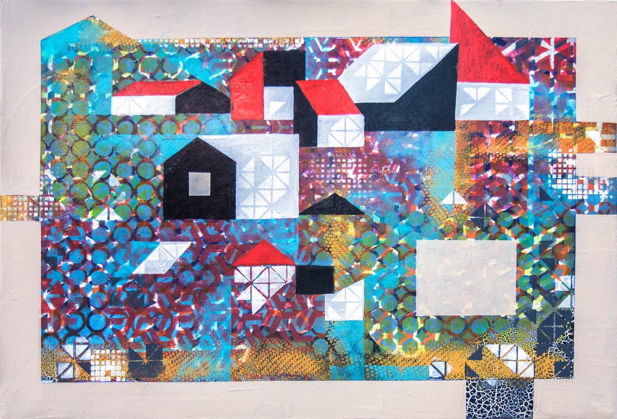 Geometric Cityscapes Acrylic Painting By Ariadna De Raadt, 28 X 20, Home And Silence 4, Original Artwork