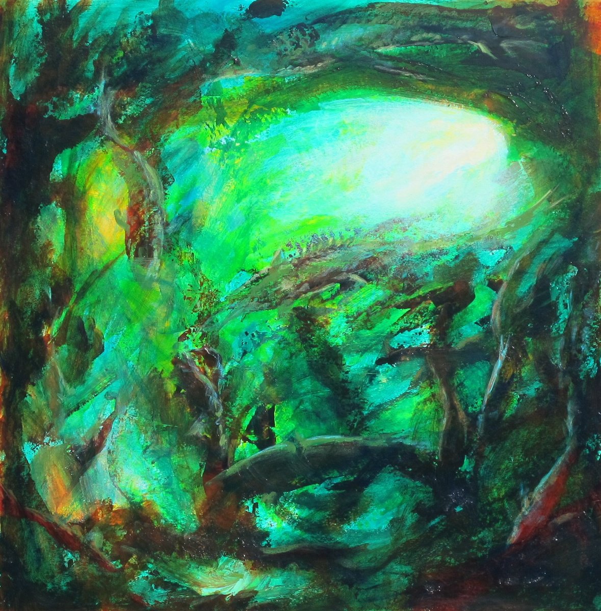Abstract Animal Acrylic Painting By Fabienne Monestier, 28 X 28, Fishes #1 - Underwater Scene, Original Artwork