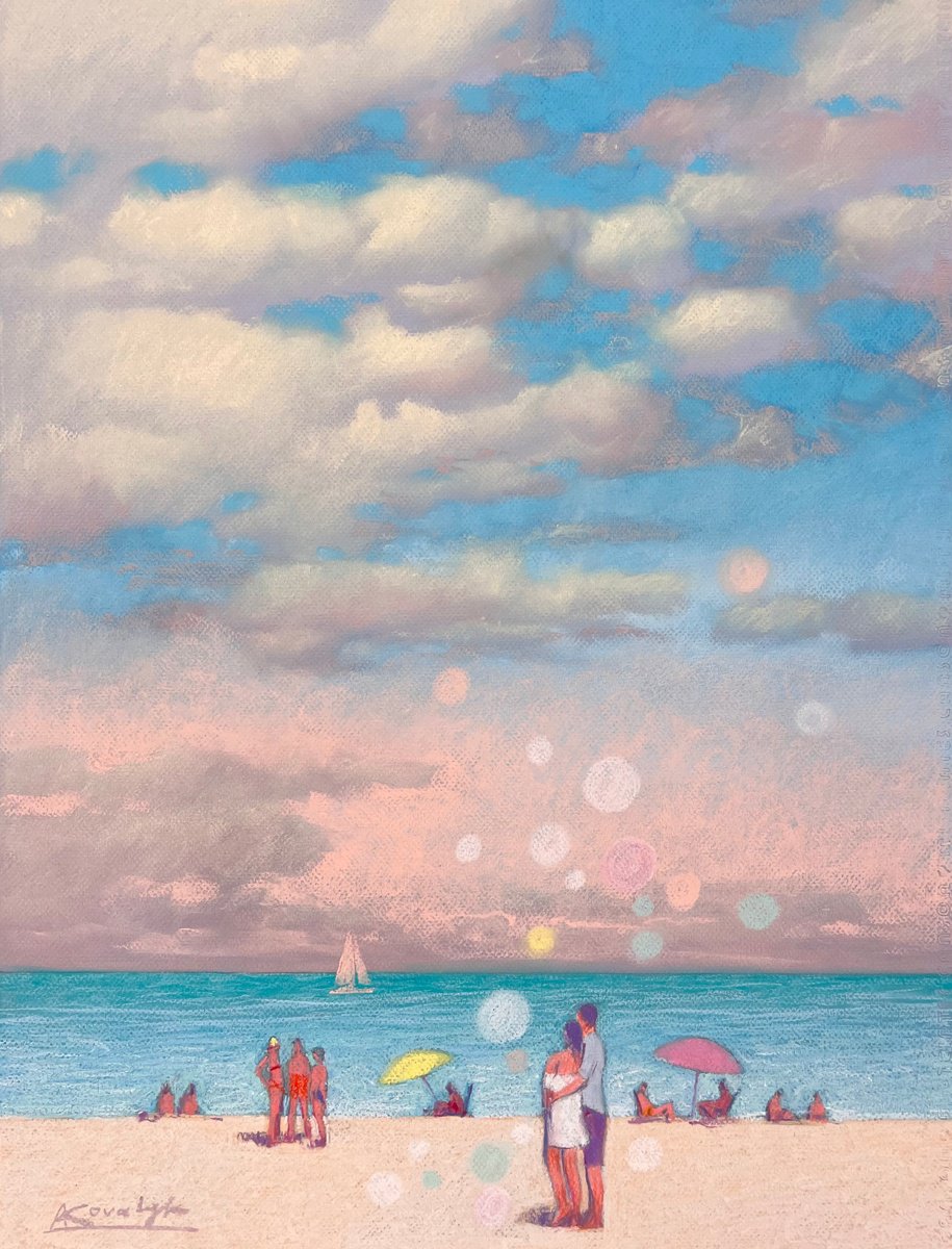 Impressionistic Landscape Pastel Drawing By Andrii Kovalyk, 20 X 26, Sunny Summer Day At Sea, Original Artwork