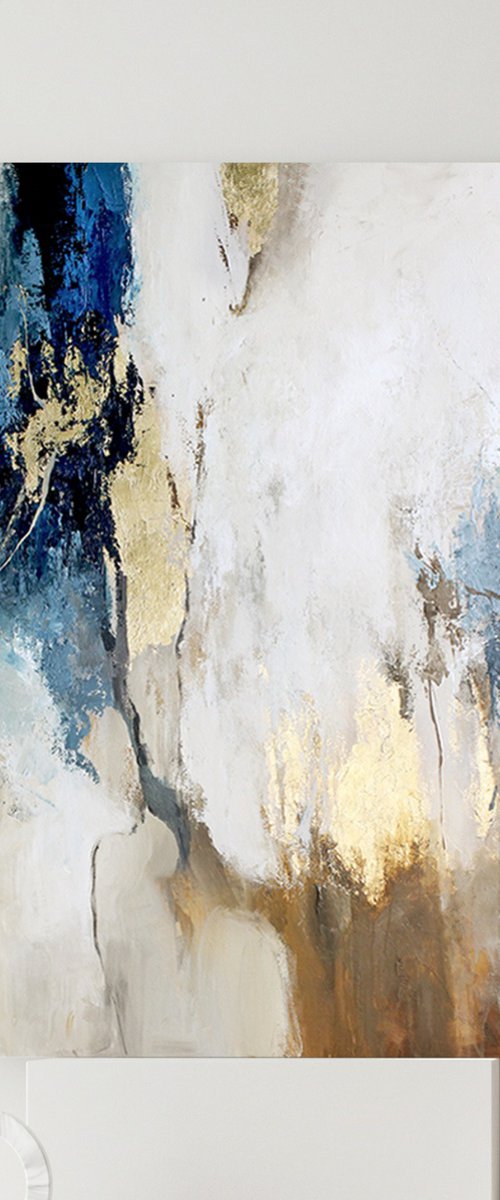 "Flow 1" Abstract blue and gold acrylic art by Yana Sagan