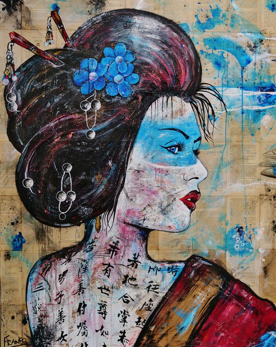 Sapphire 120cm x 150cm Geisha Book Page Urban Pop Art